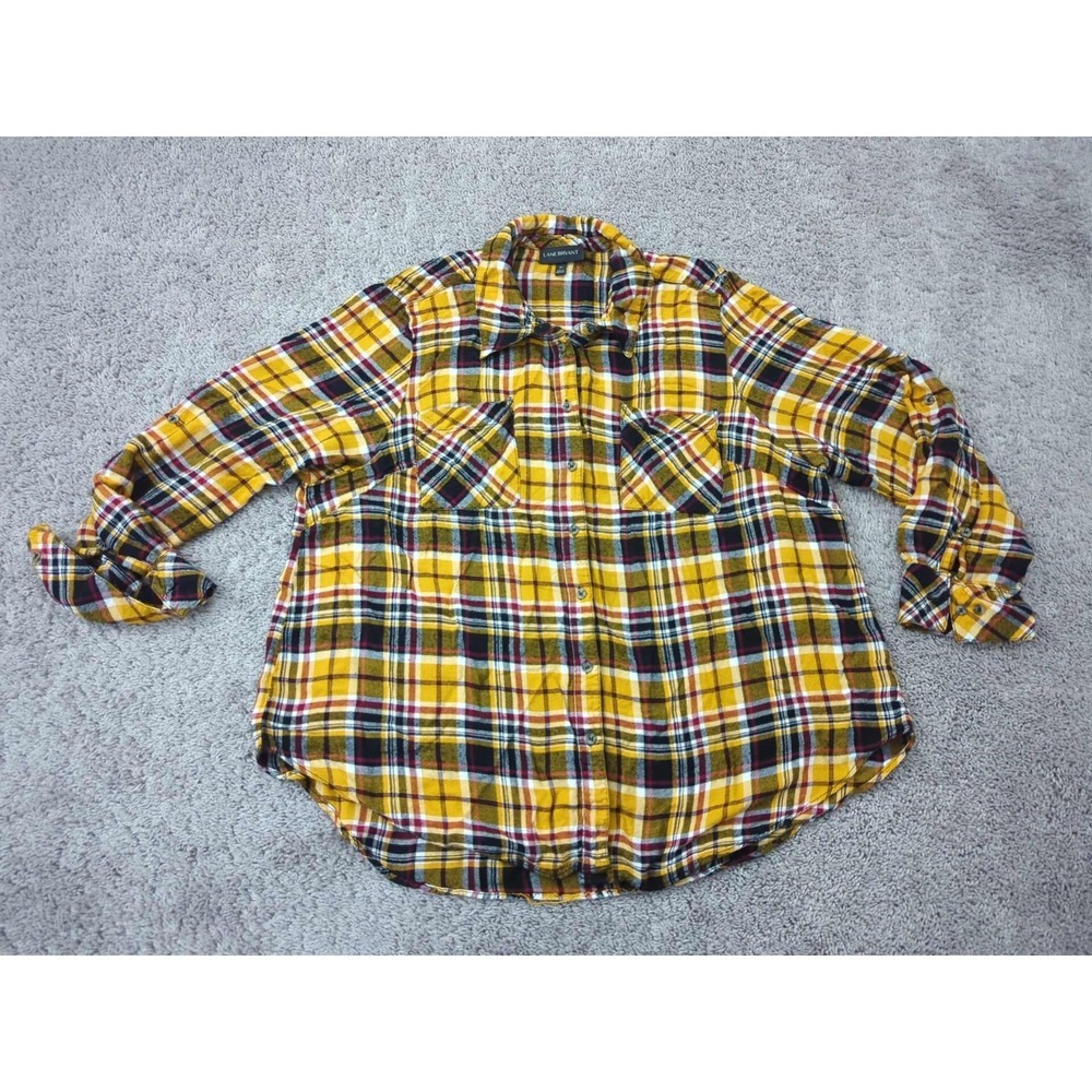 Lane Bryant Button Up Shirt Womens 24 PLUS Yellow Plaid Long Sleeve Flannel